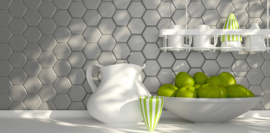 grey hexagonal tiles as a kitchen backsplash
